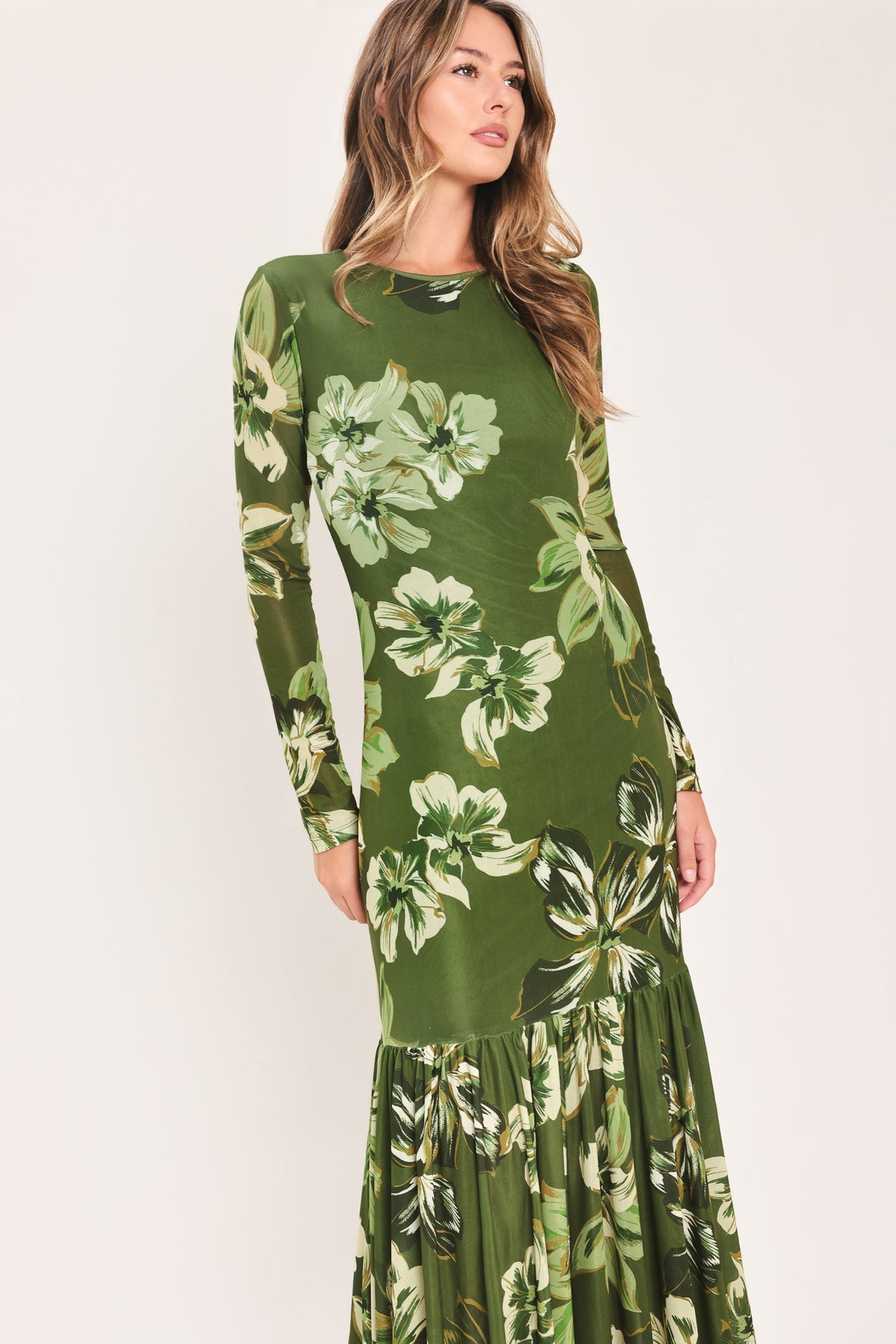 ENCHANTED GROVE MOSS GREEN PRINTED MESH ANKLE DRESS