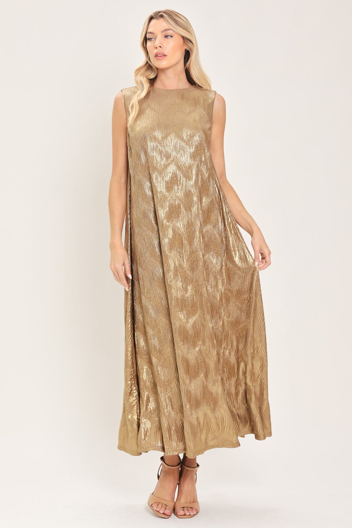 GOLDEN GLIMMER GOLD FOIL BELTED MIDI DRESS