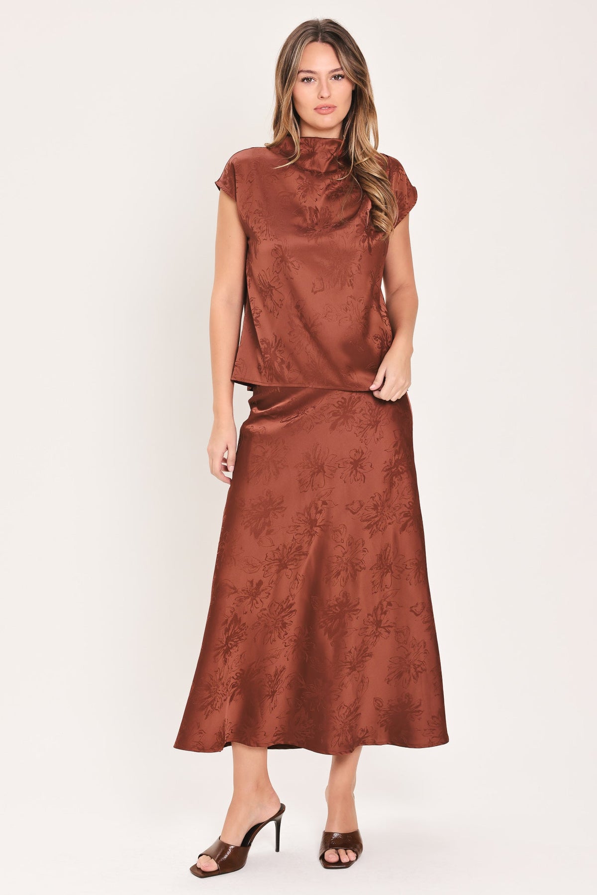BURGUNDY DYNASTY JACQUARD SATIN MIDI SKIRT