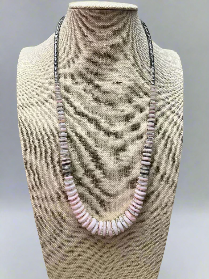 Pink Conch Graduated Necklace with 10mm Sterling Pearl — 22 inch (Handmade in North Texas)