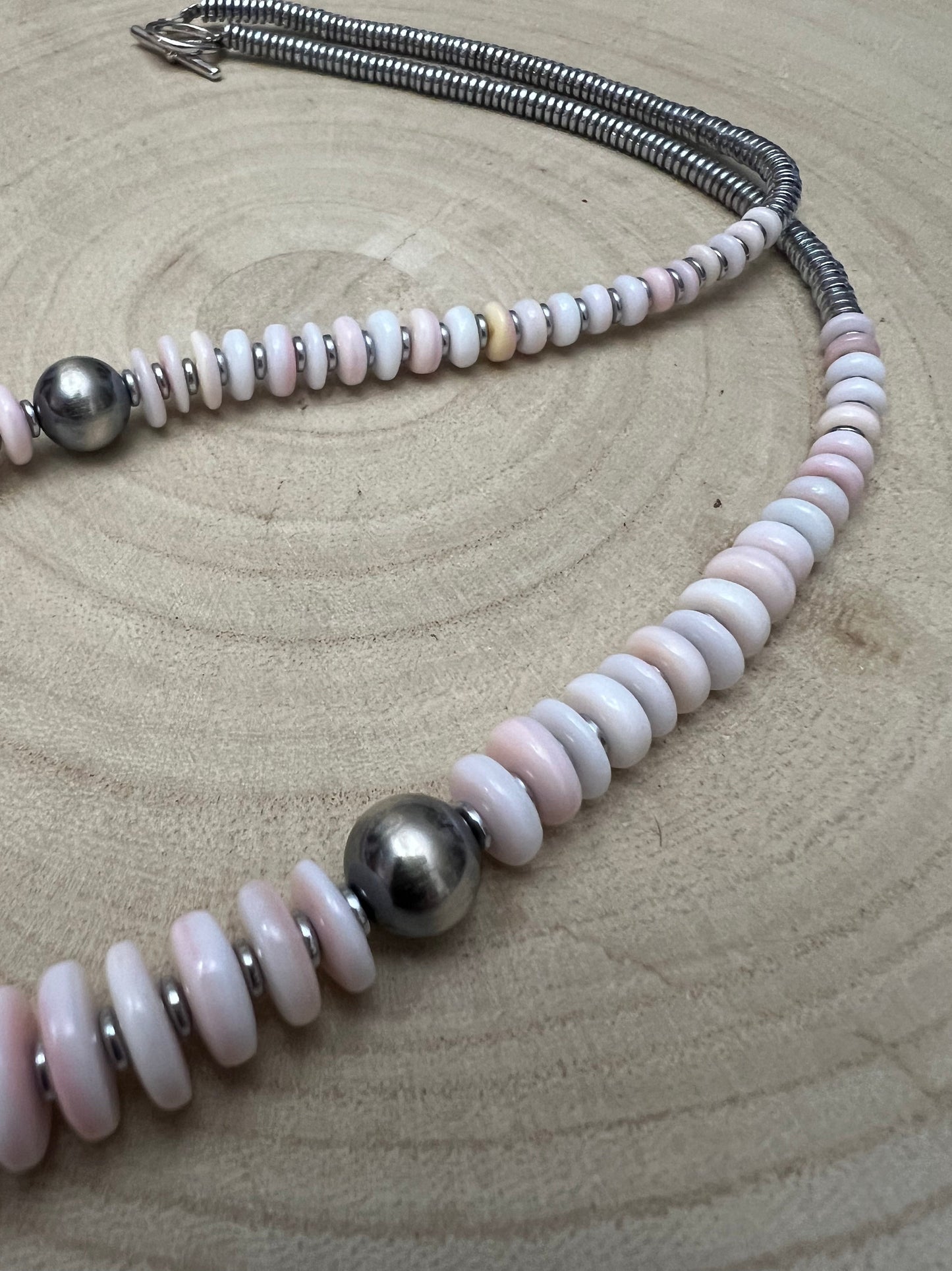 Pink Conch Graduated Necklace with 10mm Sterling Pearl — 22 inch (Handmade in North Texas)