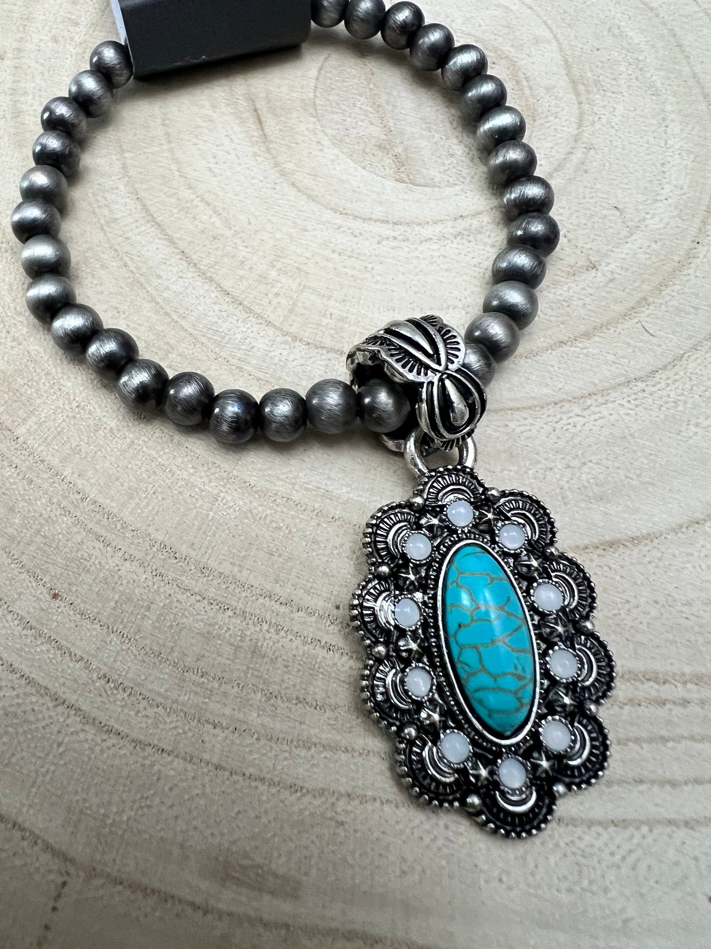 Western Faux Pearl, Concho & Faux Turquoise Stretch Bracelet