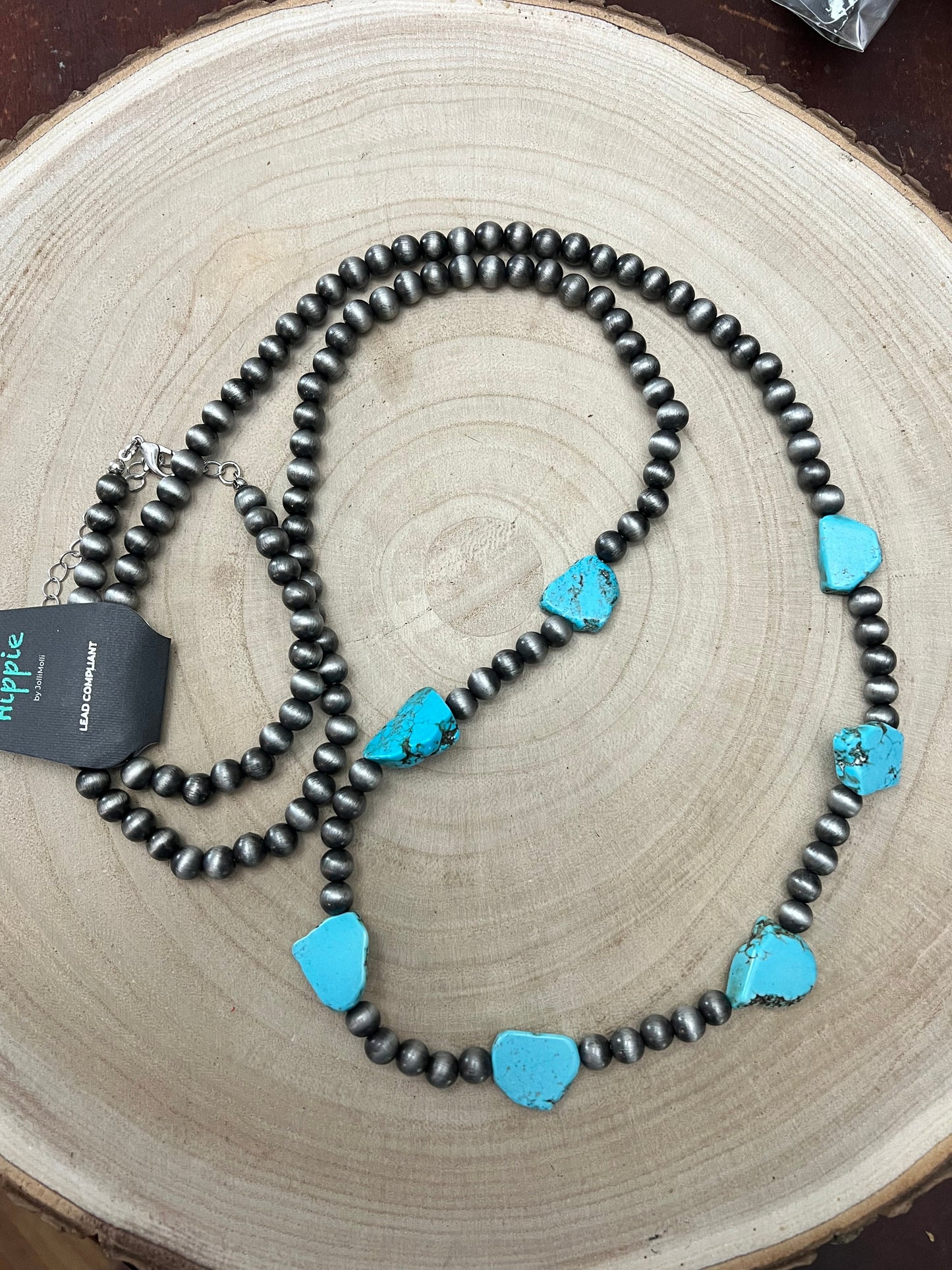 Western Long Faux Turquoise Nugget & Sterling Pearl Statement Necklace — 48 Inch