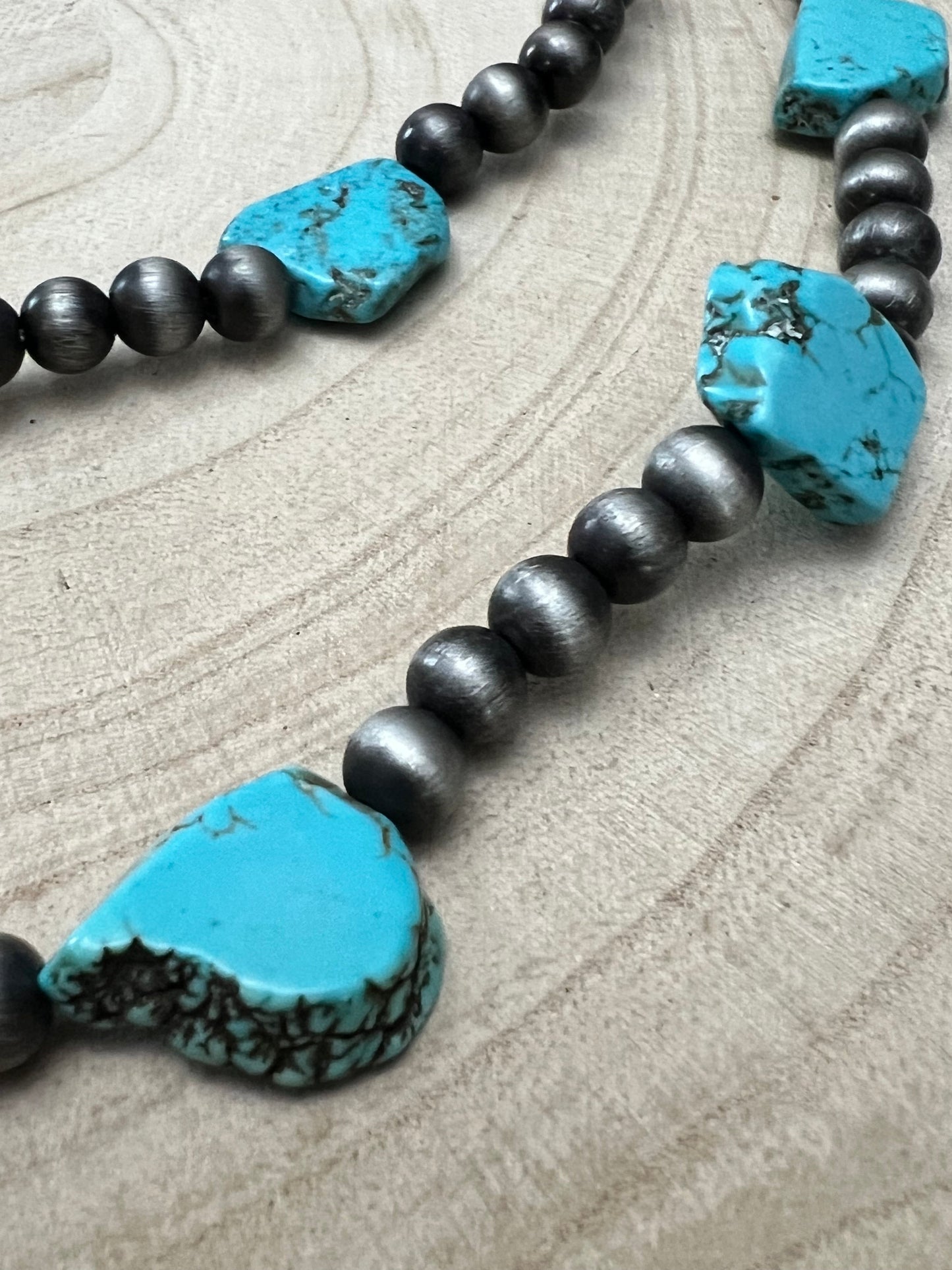 Western Long Faux Turquoise Nugget & Sterling Pearl Statement Necklace — 48 Inch