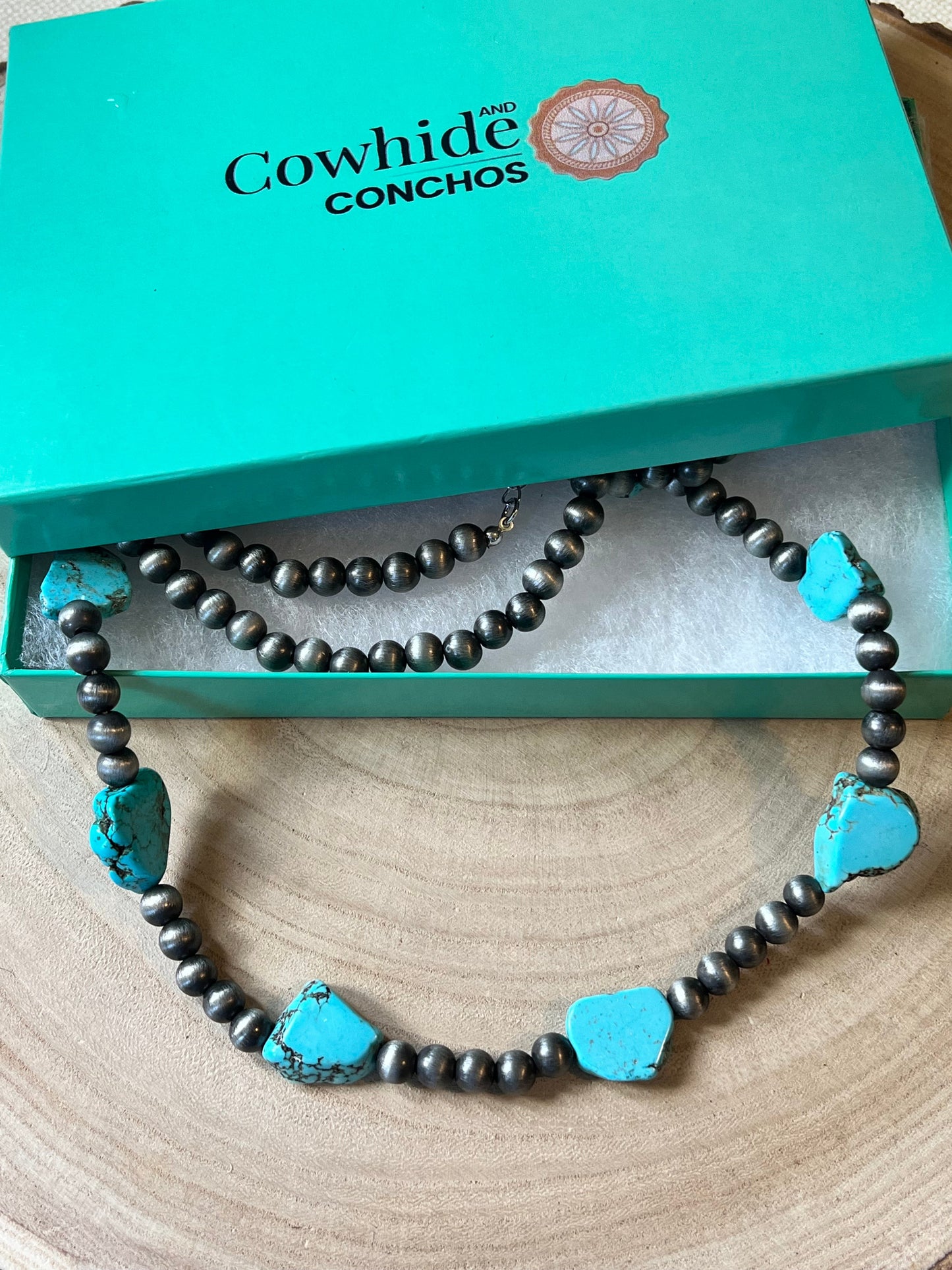 Western Long Faux Turquoise Nugget & Sterling Pearl Statement Necklace — 48 Inch