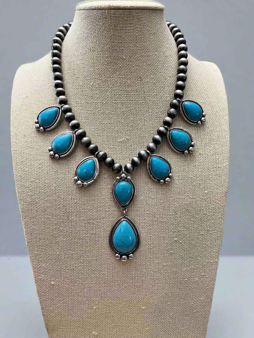 Western Teardrop Faux Turquoise & Sterling Pearl Necklace — 16 Inch Southwestern Pendant