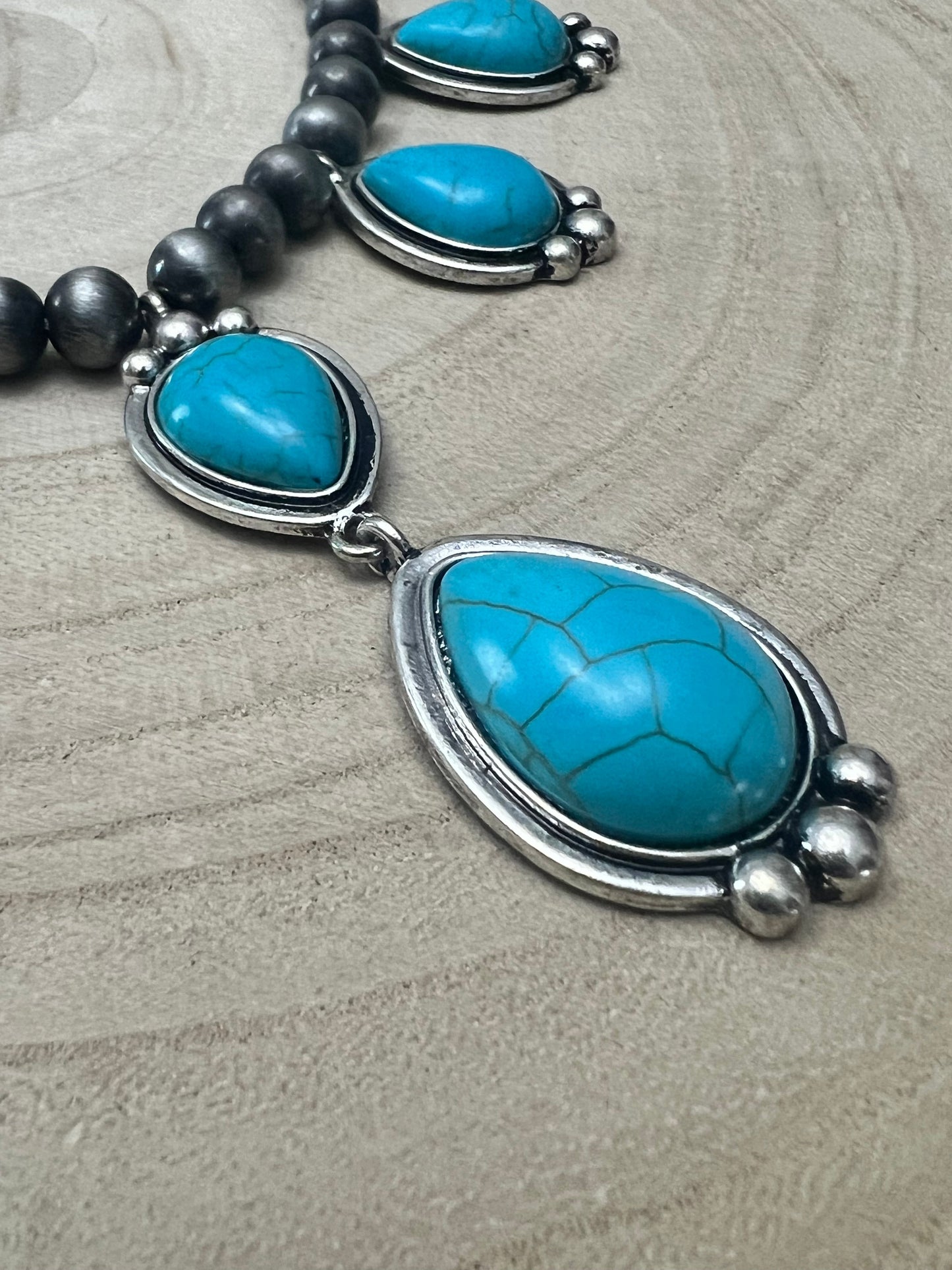 Western Teardrop Faux Turquoise & Sterling Pearl Necklace — 16 Inch Southwestern Pendant
