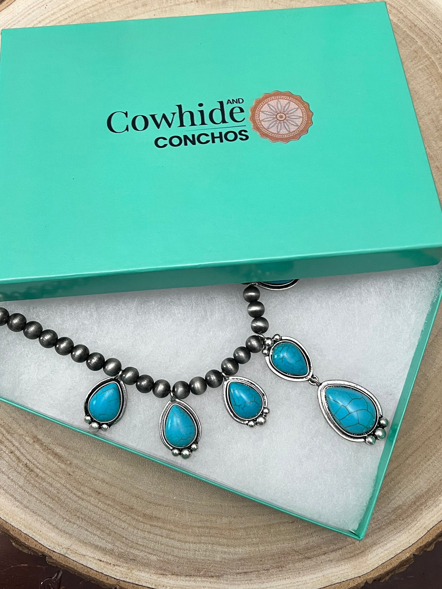 Western Teardrop Faux Turquoise & Sterling Pearl Necklace — 16 Inch Southwestern Pendant