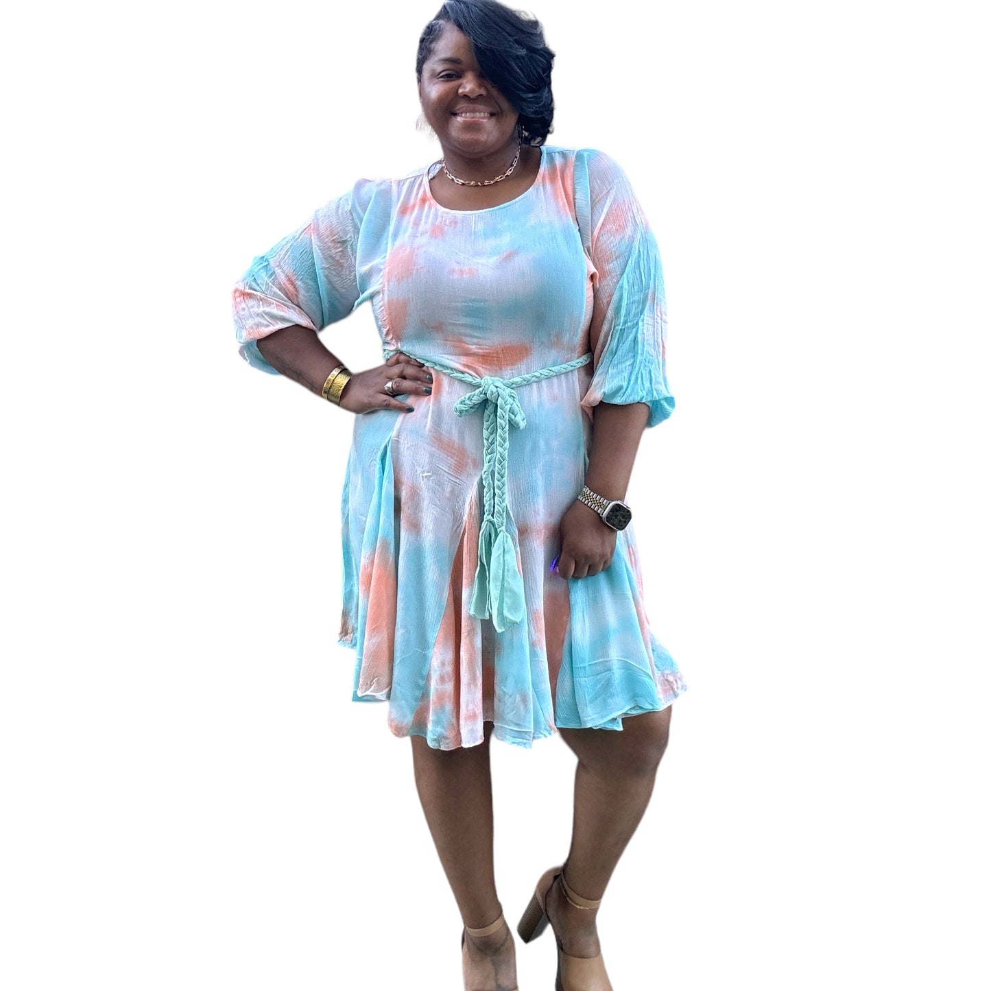 Womens Plus Size Chic Tie Dye Woven Mini Dress