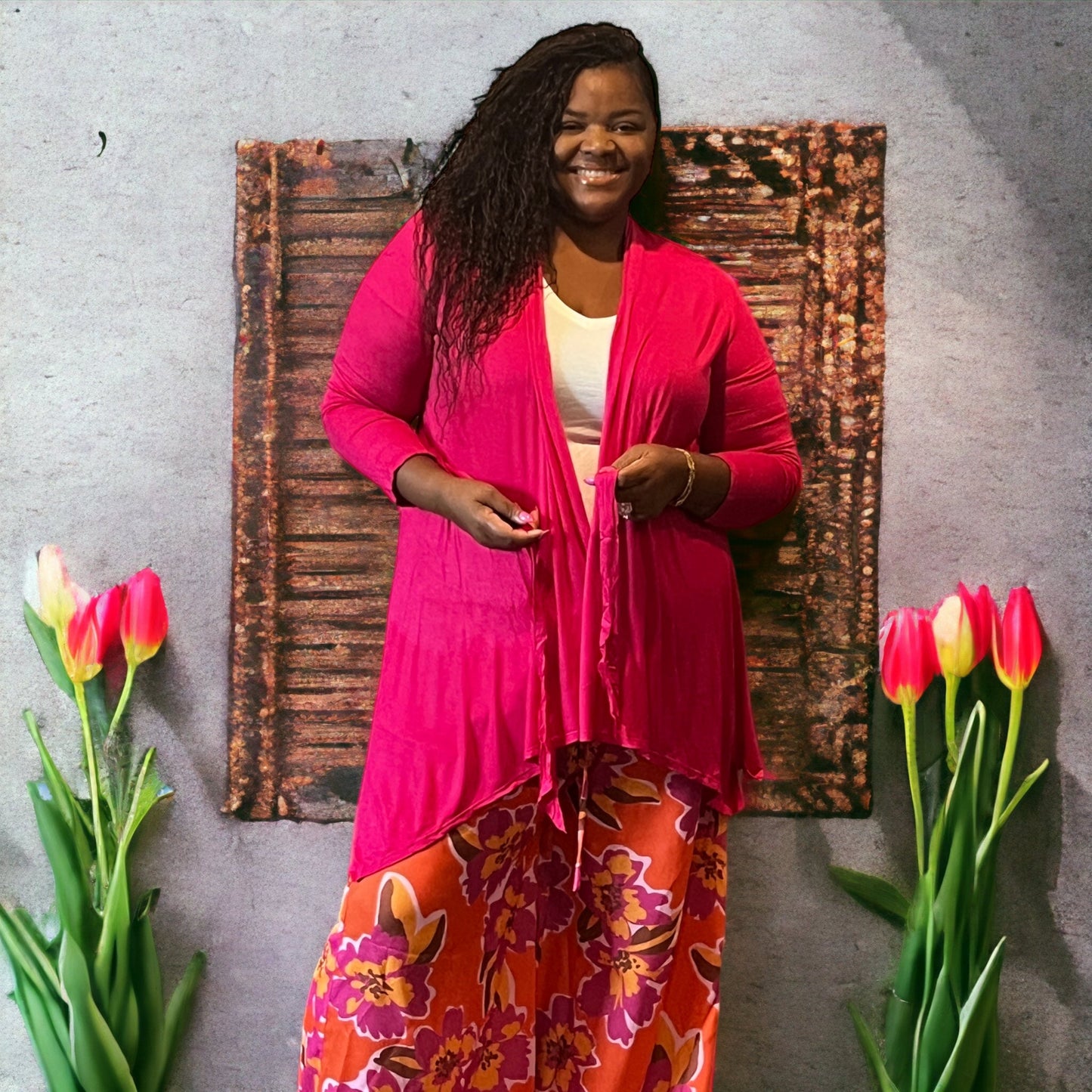 Women's Plus Size Tie Waist Magenta Cardigan