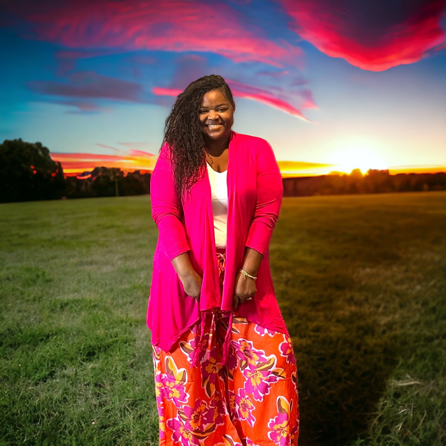 Women's Plus Size Tie Waist Magenta Cardigan