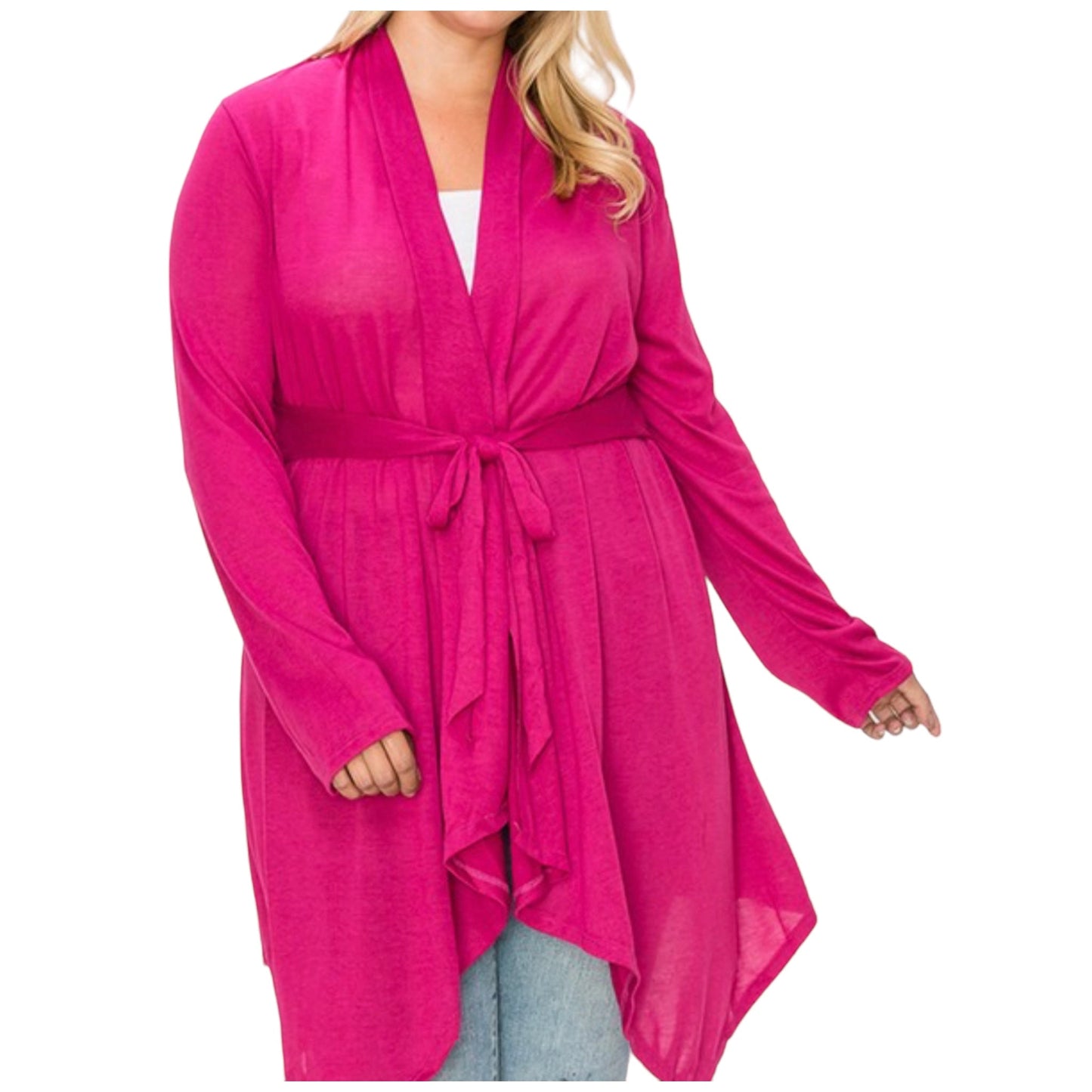Women's Plus Size Tie Waist Magenta Cardigan