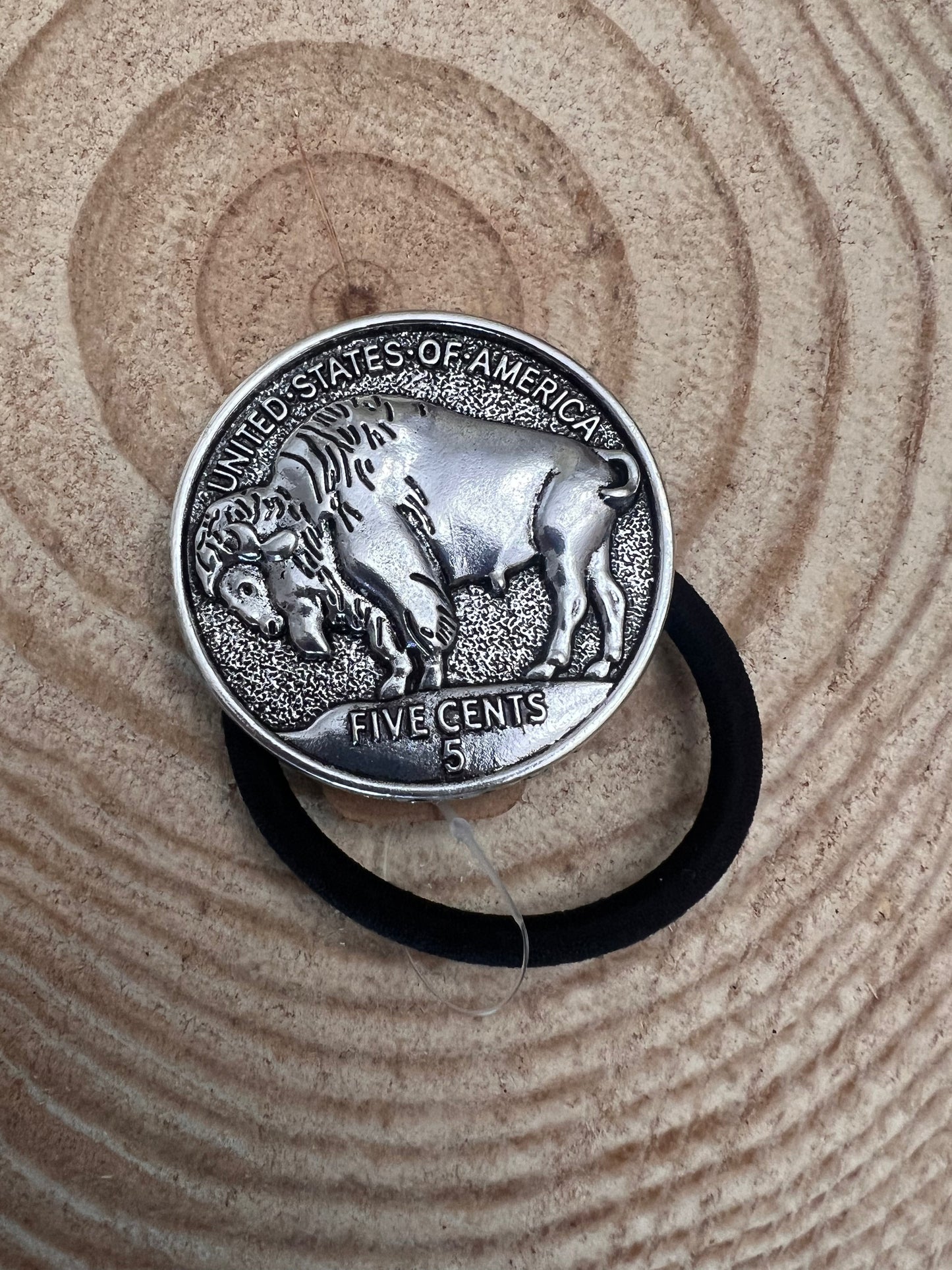 Western Large Buffalo Coin Hair Tie — 2" Faux Buffalo Coin Charm