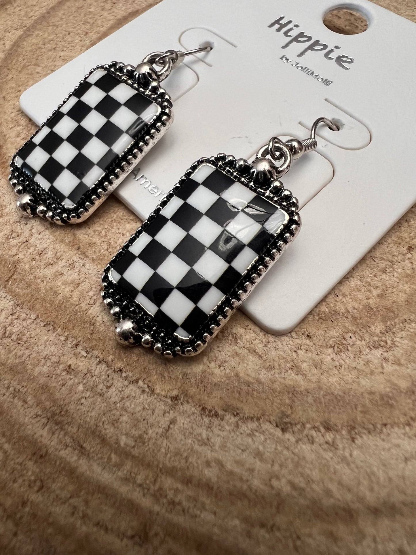 Western Black & White Checkered Rectangle Earrings — 1½" Drop