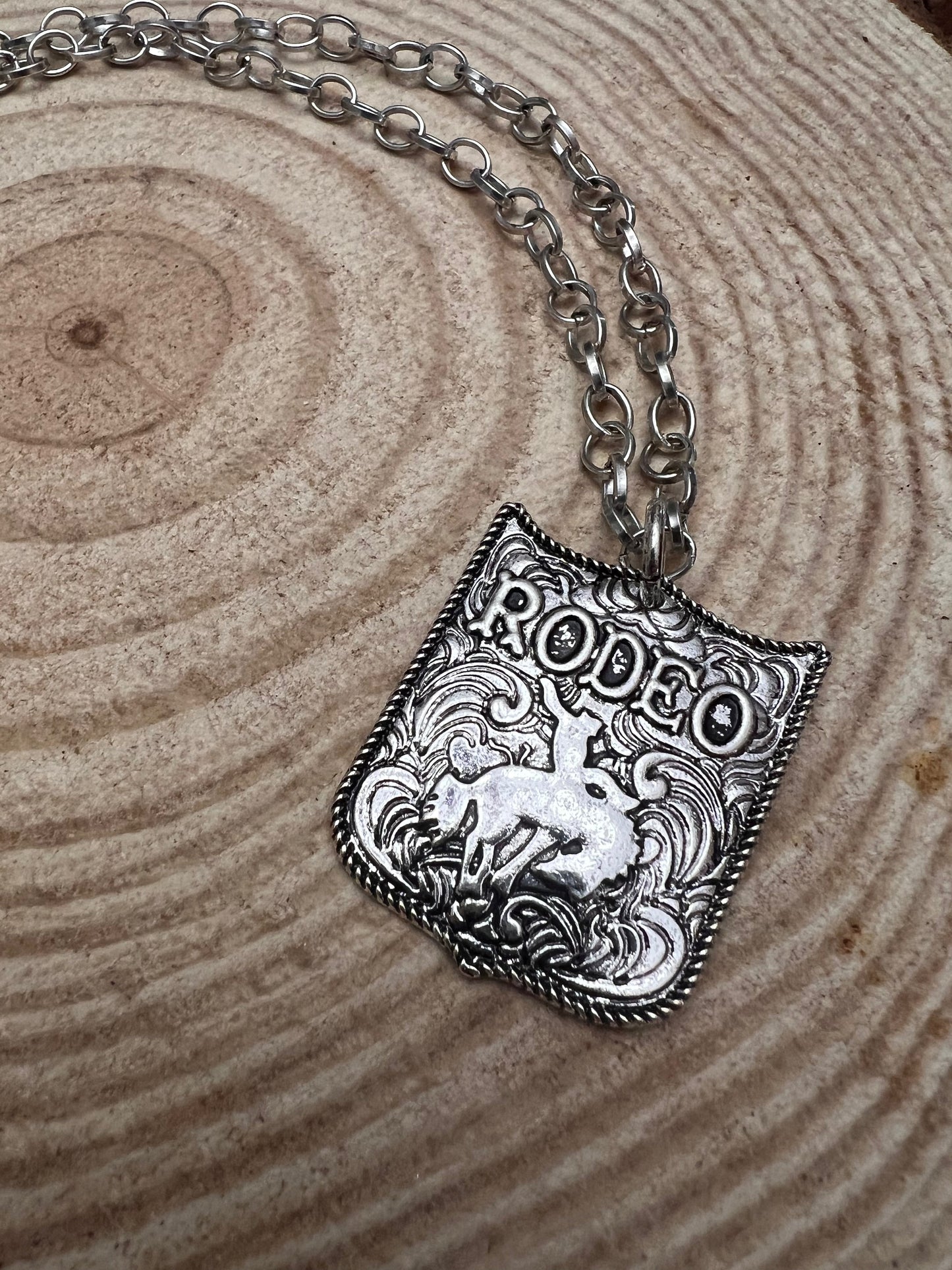 Silver Western Rodeo Statement Pendant Necklace – Adjustable 22"+