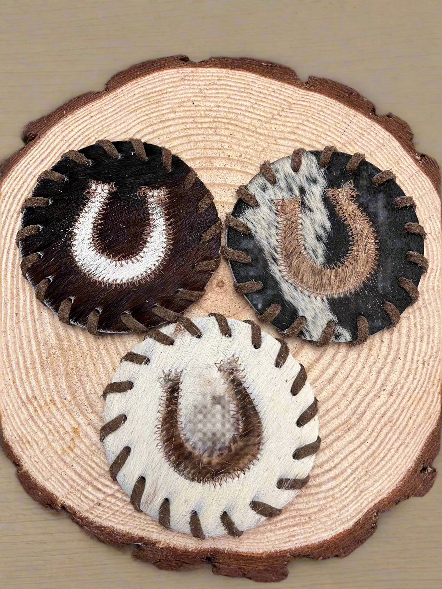 Horse Shoe Cowhide Coaster with Laced Border — Genuine Hair-On Hide (Sold Individually)