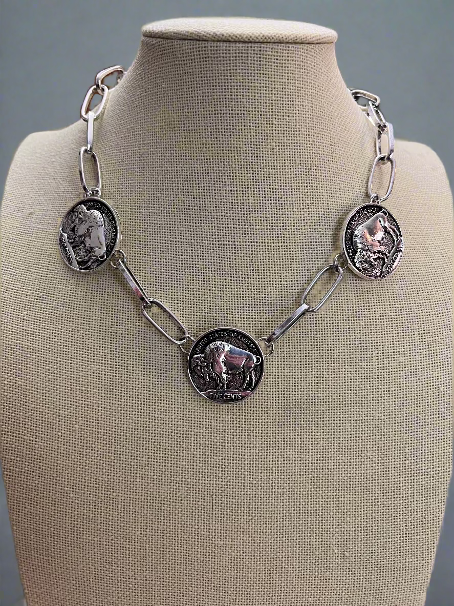 Western Rustic Buffalo Coin Choker & Earring Set — Burnished Silver Western Jewelry Duo