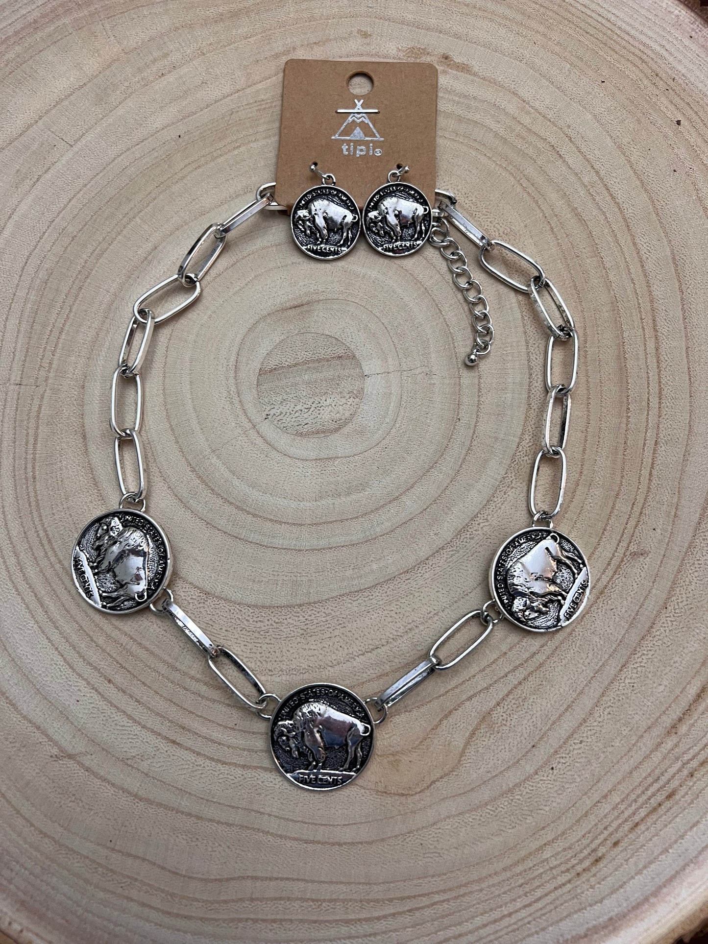Western Rustic Buffalo Coin Choker & Earring Set — Burnished Silver Western Jewelry Duo