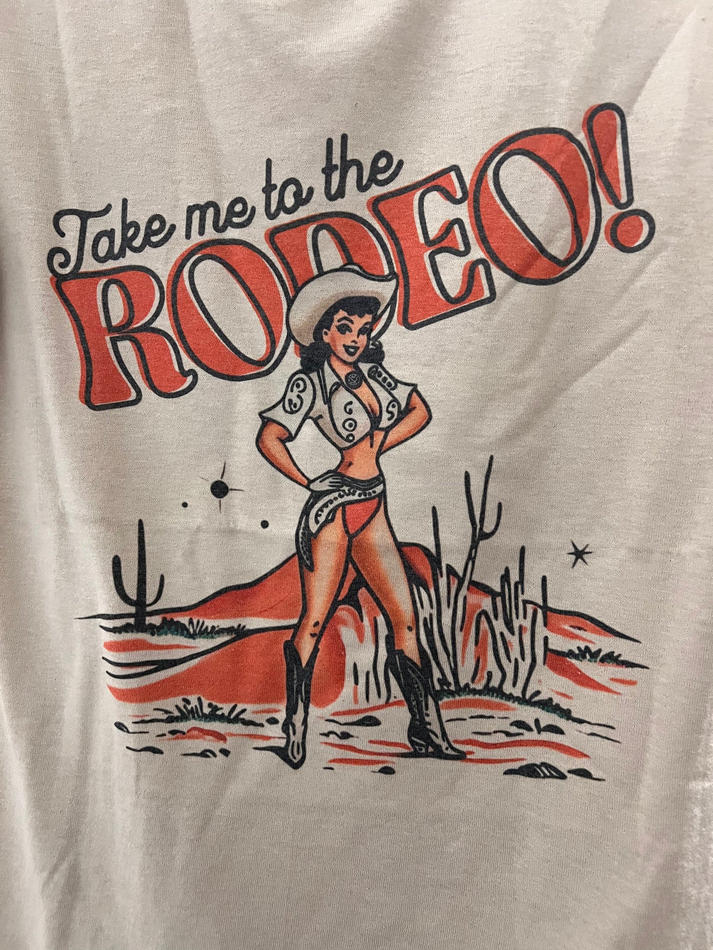 Retro "Take Me To The Rodeo" Pin-Up Cowgirl Western Graphic Tee — Tan Jerzees 50/50 Vintage Style
