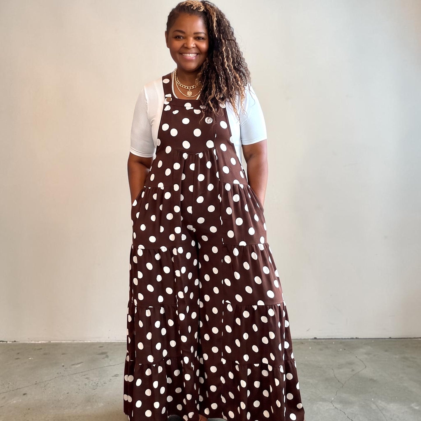 Women’s Stunning Wide Leg Brown Polka Dot Maxi Jumpsuit
