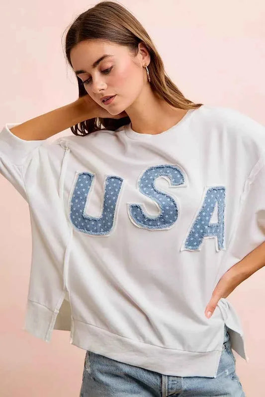 Ivory 4th Of July USA Letter Patchwork 3/4 Sleeve French Terry Top|BiBi