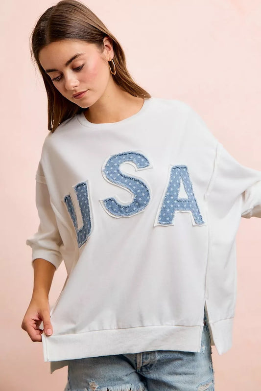 Ivory 4th Of July USA Letter Patchwork 3/4 Sleeve French Terry Top|BiBi
