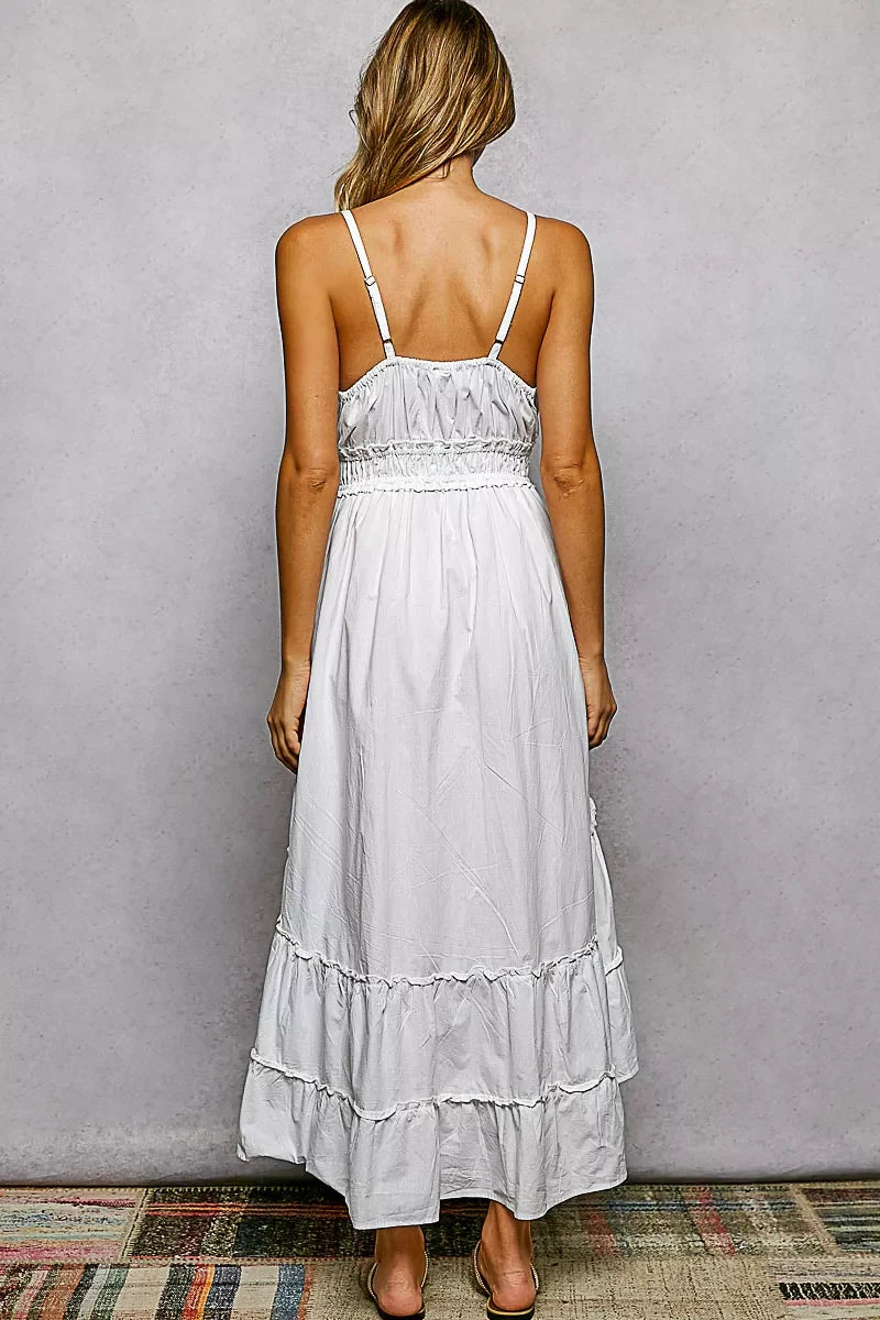 Ivory Embroidered Tassel Tie Smocked Waist Midi Tiered Cami Dress |POL