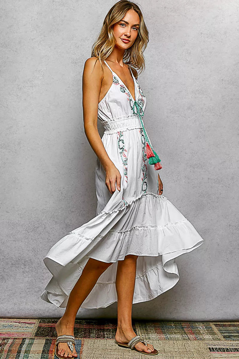 Ivory Embroidered Tassel Tie Smocked Waist Midi Tiered Cami Dress |POL