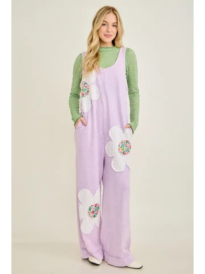 J6 J. Her Purple Mineral Washed Flower Patched Bow Spring Jumpsuit