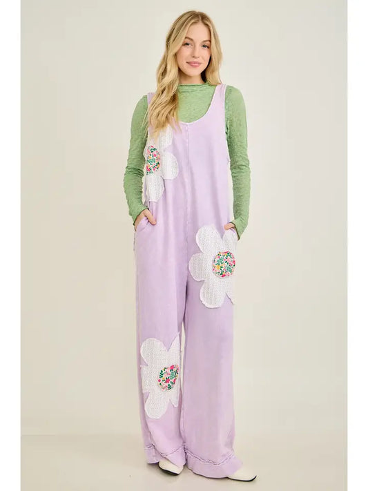 J6 J. Her Purple Mineral Washed Flower Patched Bow Spring Jumpsuit