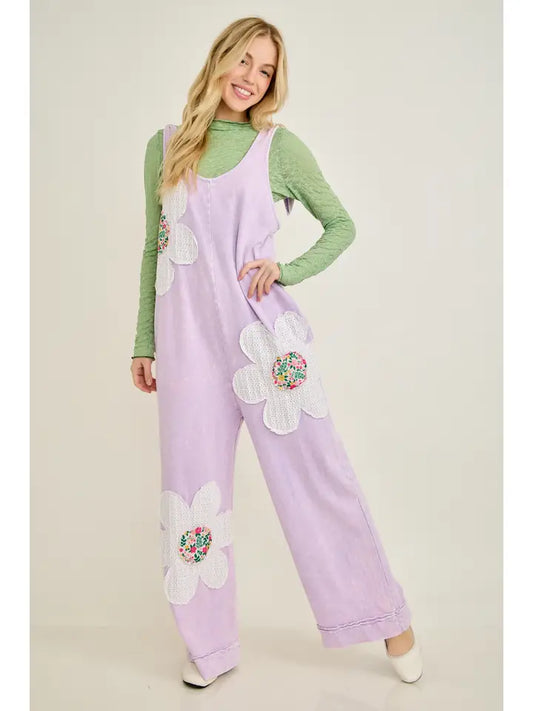 J6 J. Her Purple Mineral Washed Flower Patched Bow Spring Jumpsuit