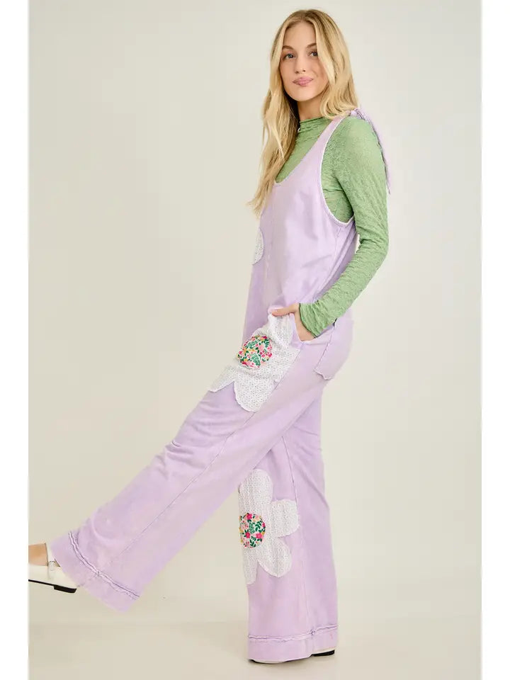 J6 J. Her Purple Mineral Washed Flower Patched Bow Spring Jumpsuit