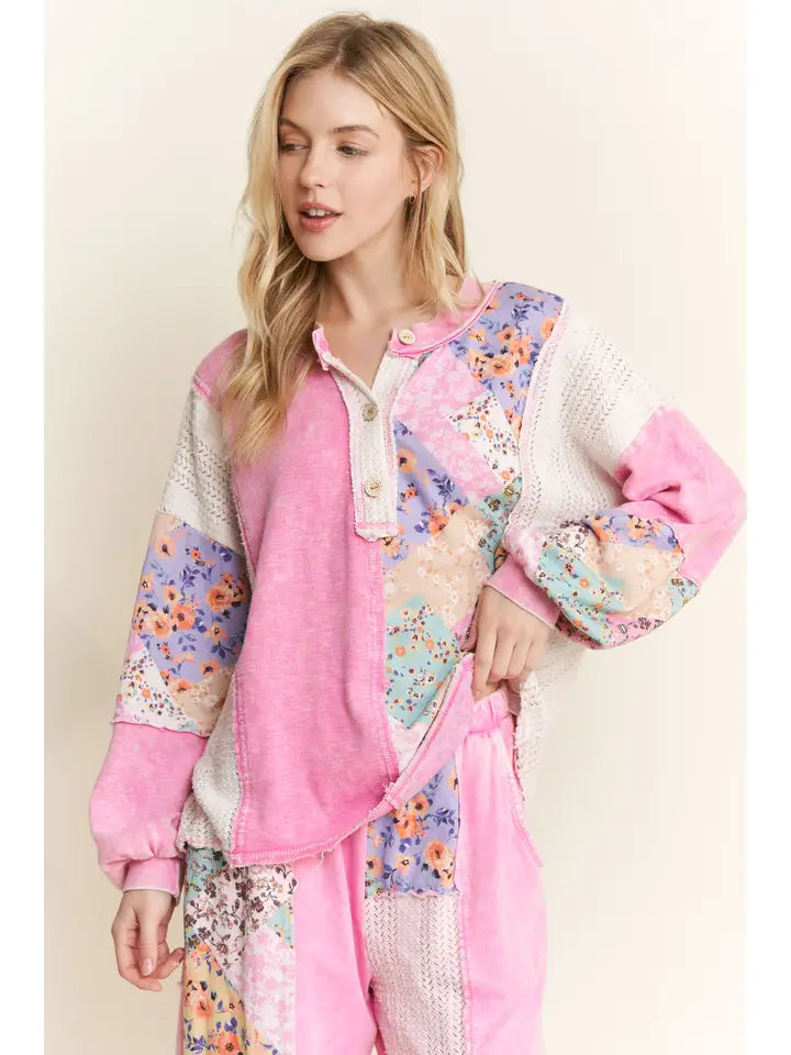 J4 J. Her Bubble Gum Pink Mineral Washed Floral Waveknit Jacquard Boho Top