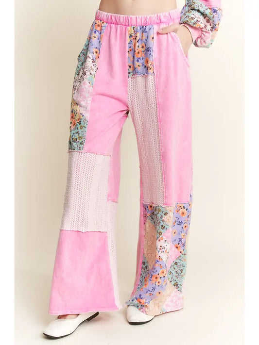 J5 J. Her Bubble Gum Pink Mineral Washed Floral Boho Pants in a Wave-knit Jacquard