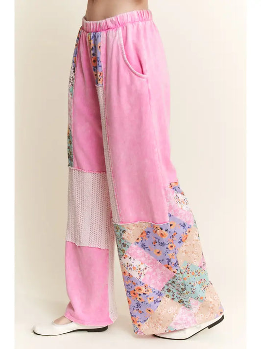 J5 J. Her Bubble Gum Pink Mineral Washed Floral Boho Pants in a Wave-knit Jacquard