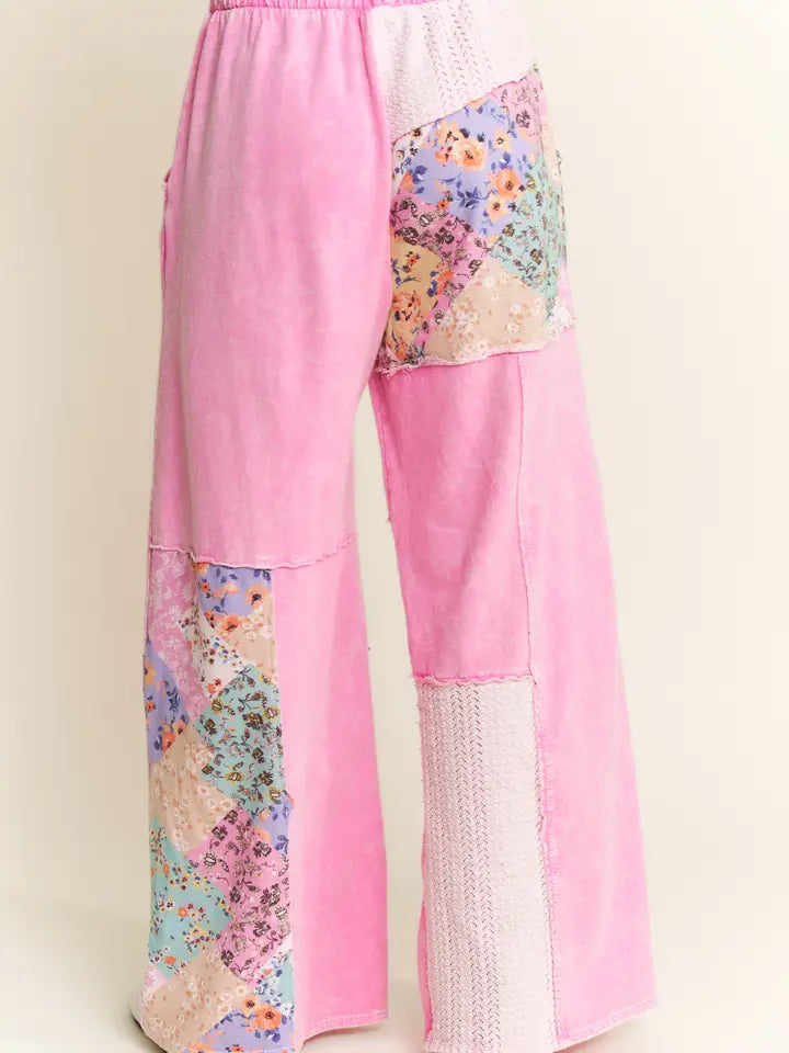J5 J. Her Bubble Gum Pink Mineral Washed Floral Boho Pants in a Wave-knit Jacquard
