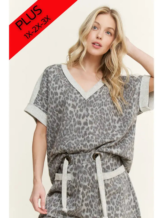 J7 J Her Plus Size Mineral Washed Cheetah Print V-Neck Shirt