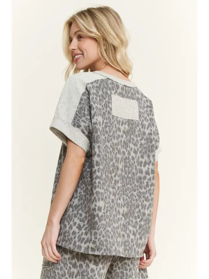 J7 J Her Plus Size Mineral Washed Cheetah Print V-Neck Shirt