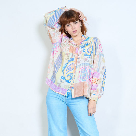 L2 Italian Floral Patchwork Striped Button Front Tencel and Silk Blouse