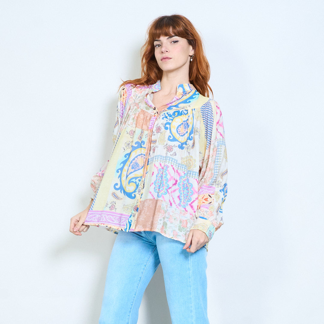 L2 Italian Floral Patchwork Striped Button Front Tencel and Silk Blouse