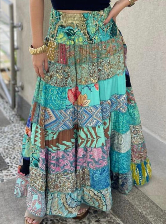 KH1 Bright Multicolor Patchwork Tiered Boho Maxi Skirt Pull on Smocked Waist Plus Size