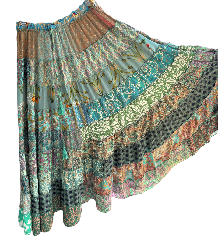 KH2 Karma Highway Bright Multicolor Patchwork Tiered Boho Viscose Maxi Skirt Regular Size