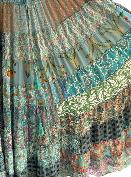 KH2 Karma Highway Bright Multicolor Patchwork Tiered Boho Viscose Maxi Skirt Regular Size