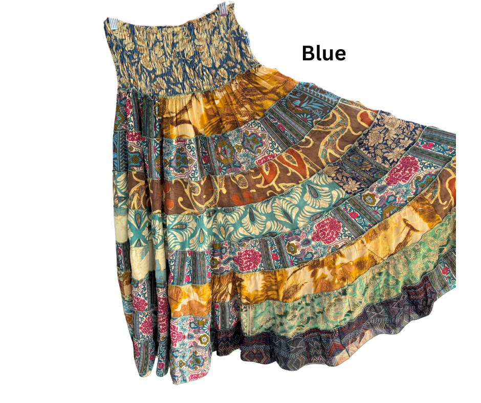 KH1 Karma Highway Bright Multicolor Patchwork Tiered Boho Maxi Skirt Pull on Smocked Waist Plus Size