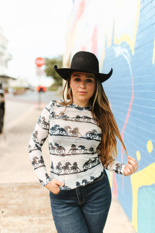 LB1 Lucky & Blessed Running Wild Horse Printed Mesh Long Sleeve Top Reg & Plus