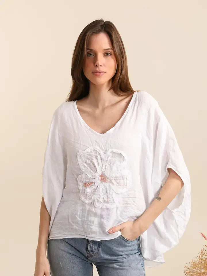 LL1 White Italian Linen Blouse with Floral Applique