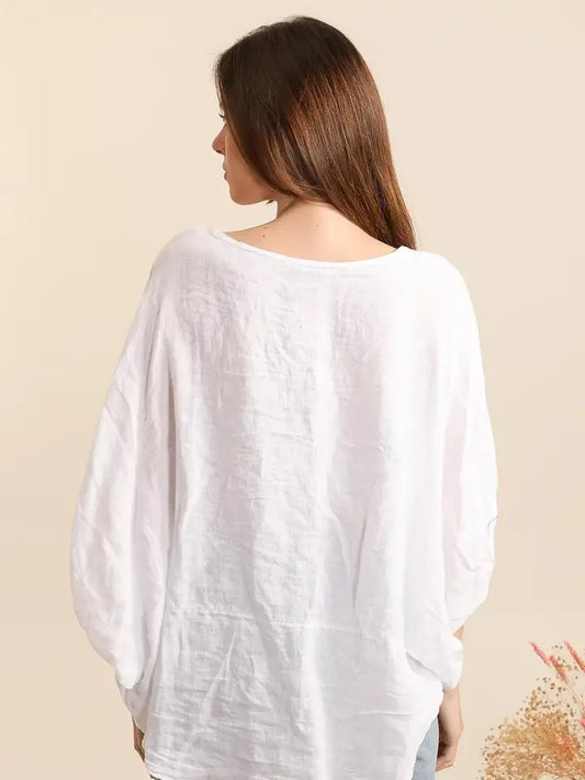 LL1 White Italian Linen Blouse with Floral Applique