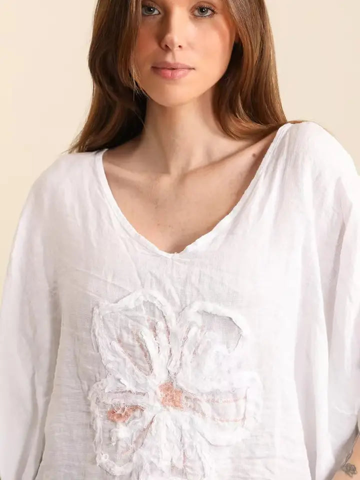 LL1 White Italian Linen Blouse with Floral Applique