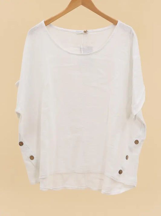 LL2 White Italian Linen & Cotton Blouse with Buttons Fits S to 2X