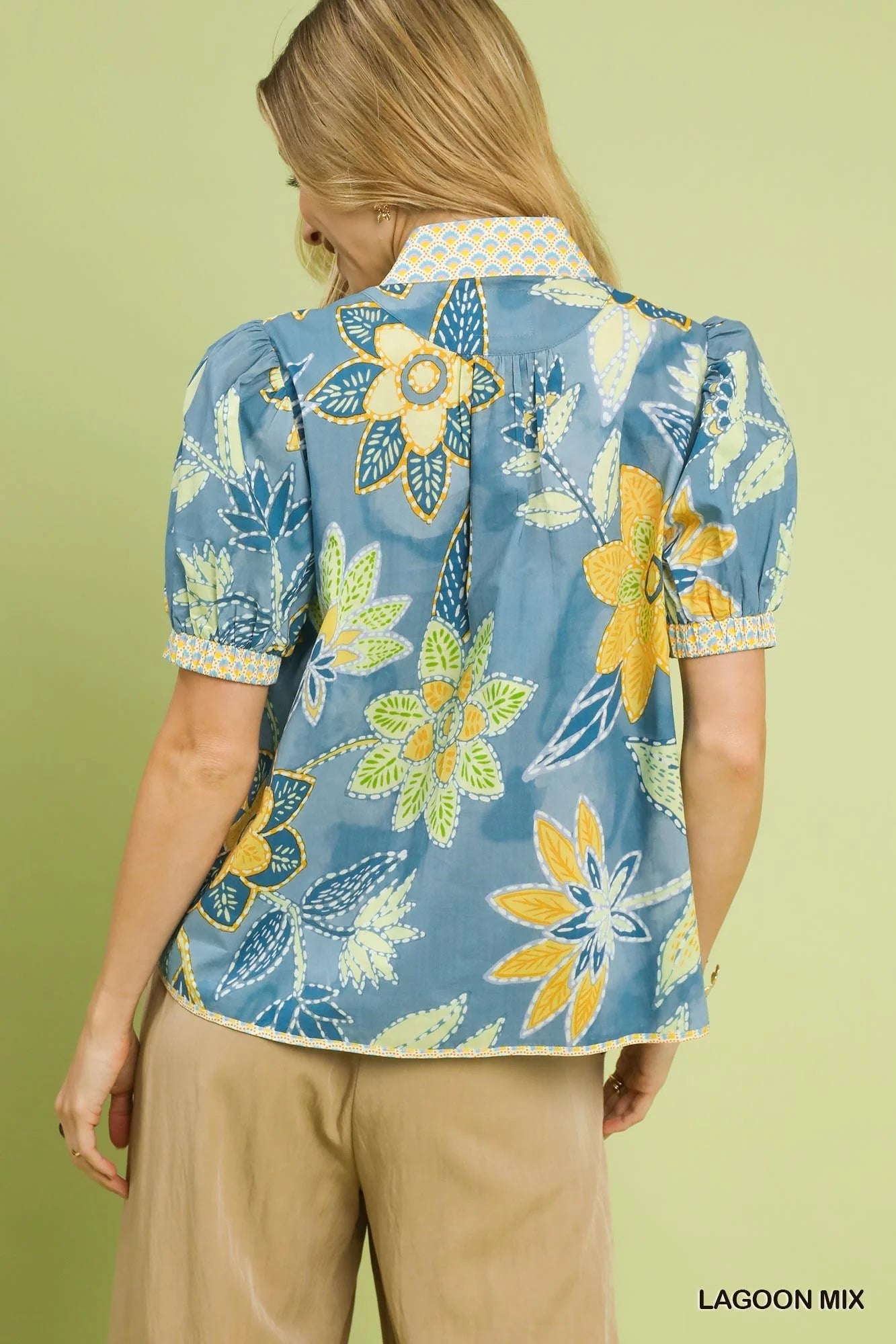Lagoon Mixed Abstract Print Puff Sleeve Blouse by Umgee